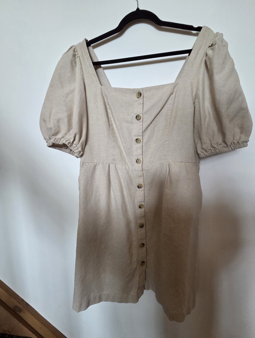 Beige linen Button-Front Puff Sleeve Mini Dress